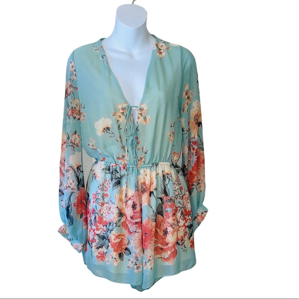 Audrey 3+1 green floral long sleeve tie front romper